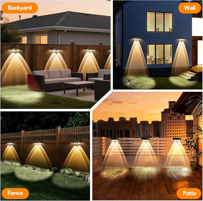 Solar Fence Lights Outdoor,2 Pack Waterproof LED Solar Powered Deck Light with Ultra Bright LED Lens,3000K/4000K/6000K Selectable,12+ Hours Steady Glow for Step,Railing,Backyard,Wall