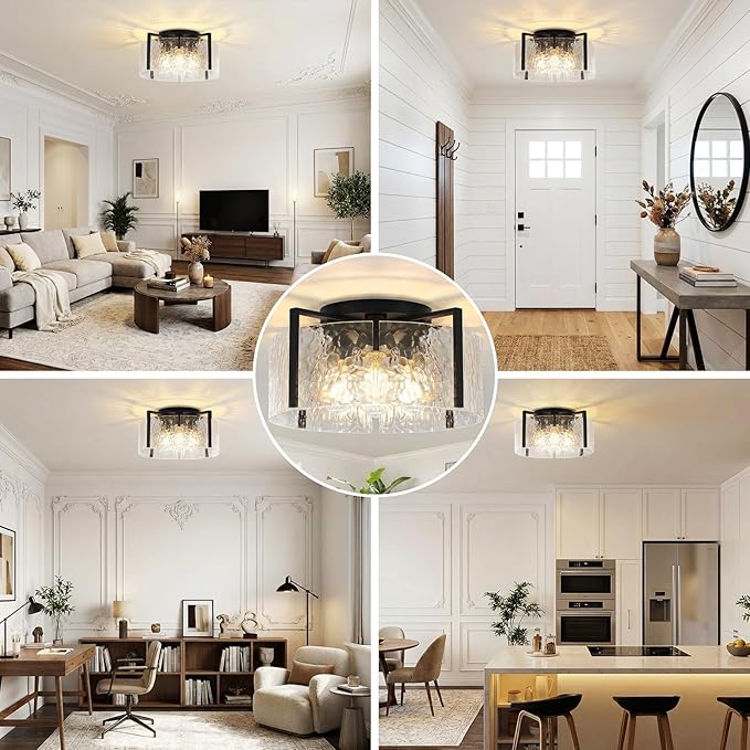 16" Black Semi-Flush Mount Ceiling Light, 4-Light Modern Hammered Glass Drum Fixture, Dimmable E26 Socket, Indoor Lighting for Bedroom Hallway Entryway Kitchen Foyer Living Room Laundry Decor