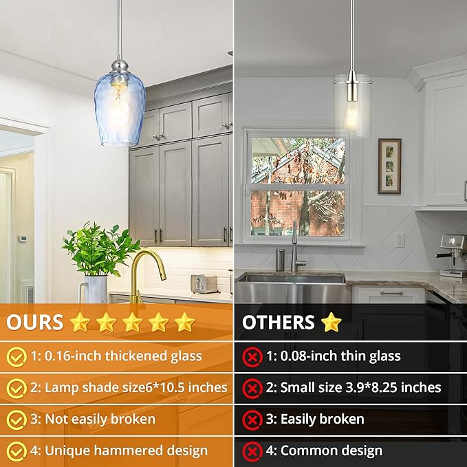 Glass Pendant Lights Kitchen Island, Blue Pendant Light Fixtures with Hand-Blown Clear Glass, Modern Hanging Light for Kitchen Sink Dining Room Bedroom, E26