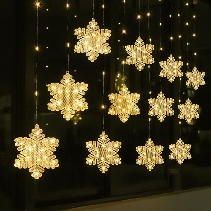 BLOOMWIN Window Lights Christmas Decor 10ft 12 Snowflakes Icicle Lights USB Christmas Curtain Lights for Bedroom Indoor Wall Winter Decorations for Home Church Wedding Birthday, 8 Modes, Warm White