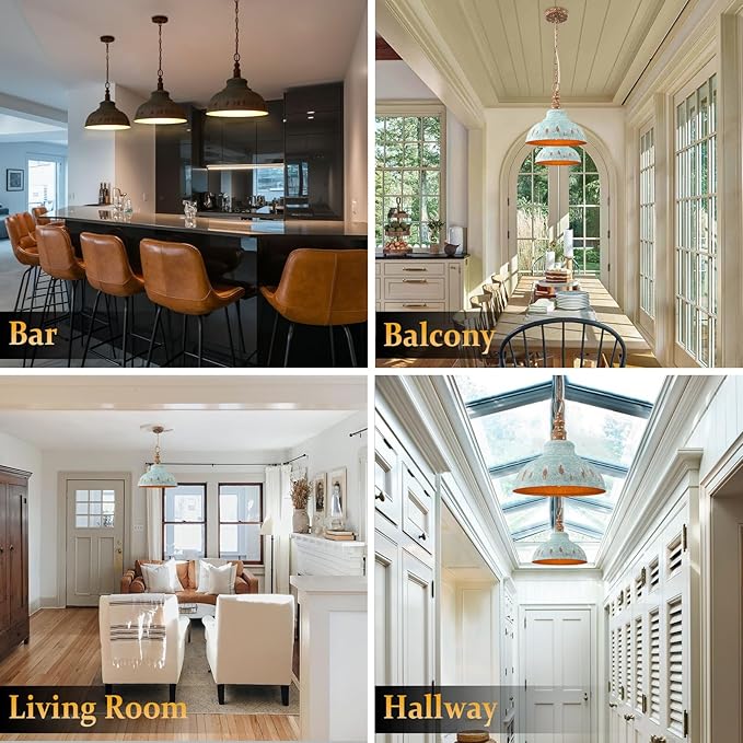 Kitchen Island Pendant Light, 11.3” Golden Pendant Lighting, Teal Farmhouse Pendant Light Fixture for Dining Room, Bar, Hallway, Foyer, Entryway, Bedroom, Adjustable Chain