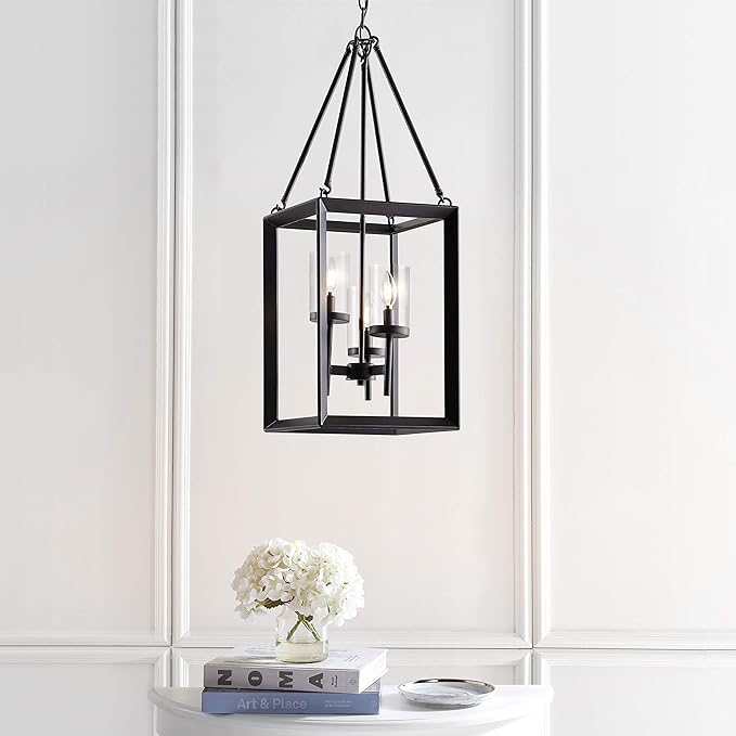 JONATHAN Y 12" Oil Rubbed Bronze 3-Light Lantern Pendant, LED Ceiling Light for Foyer Kitchen Island Entryway, Traditional Metal Fixture with Clear Glass Shade, ETL Listed JYL7412A