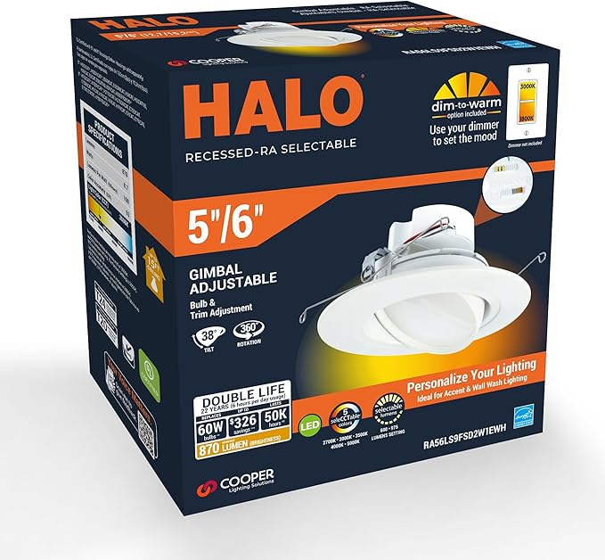 HALO RA 6 inch LED Recessed Light Trim with Adjustable Gimbal, Selectable Lumens and Selectable Color Temperature, Dim-to-Warm Feature, Damp Location Rated RA56LS9FSD2W1EWH