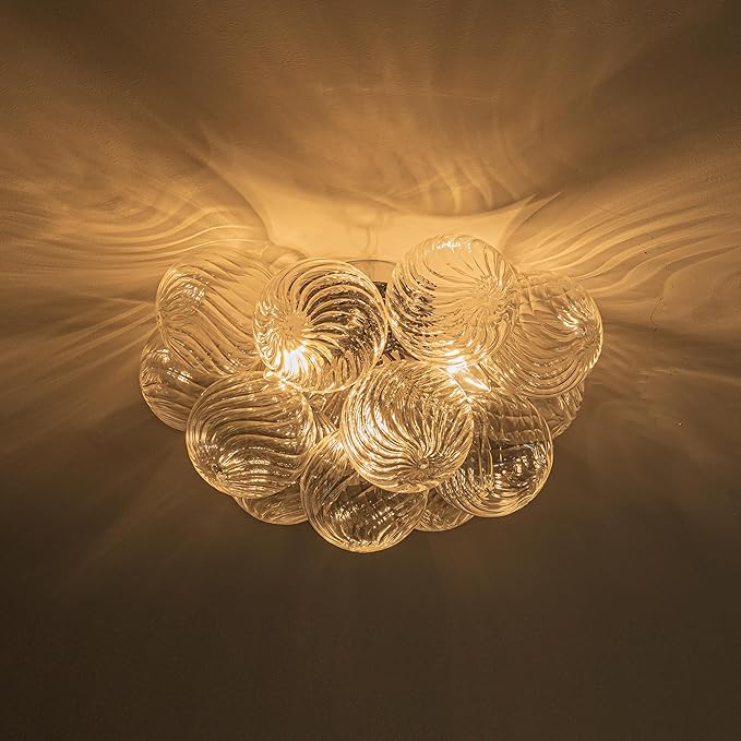 GoYeel Modern Chandelier Close to Ceiling Light Fixture 3 Light Contemporary Mid Century Glass Chandelier 18.5" with 13 Clear Swirled Globe Foyer Bedroom Living Room