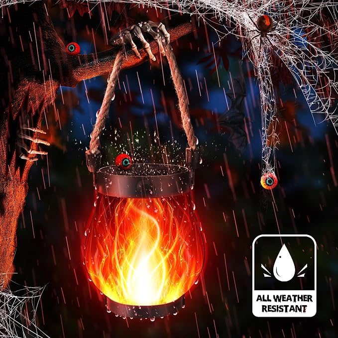 iBaycon 1 Pack Gen2 Solar Lantern Lights USB Halloween Flame Lamp, Red | Solar Garden Lights with Dual Charging USB & Solar, 2 Modes Outdoor Waterproof Hanging Lantern for Home Halloween Decor