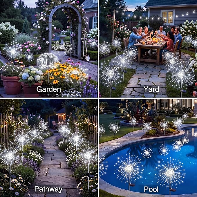 btfarm 1 Pack Solar Garden Lights Outdoor, 8 Modes Firework Lights Solar Powered, Waterproof Twinkle Fairy Light Outside for Yard Patio Pathway Pool Christmas Party Decorative, Cool White