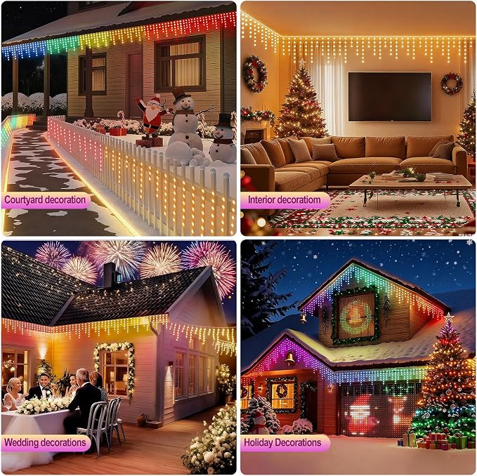 AHAWILL Icicle Lights for Outside,66ft Christmas Lights Outdoor with Dimmable 510LED,IP65 Waterproof,USB Plug in Curtain String Lights with DIY Scene Modes for Party,Roof,Halloween Decor(Multicolor)