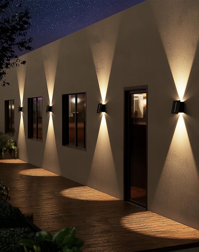Solar Wall Lights Outdoor 6500K 3000K, 4 Pack 1500mAh Wall Lights Solar Powered, IP65 Outdoor Up and Down Solar Lighting for Wall