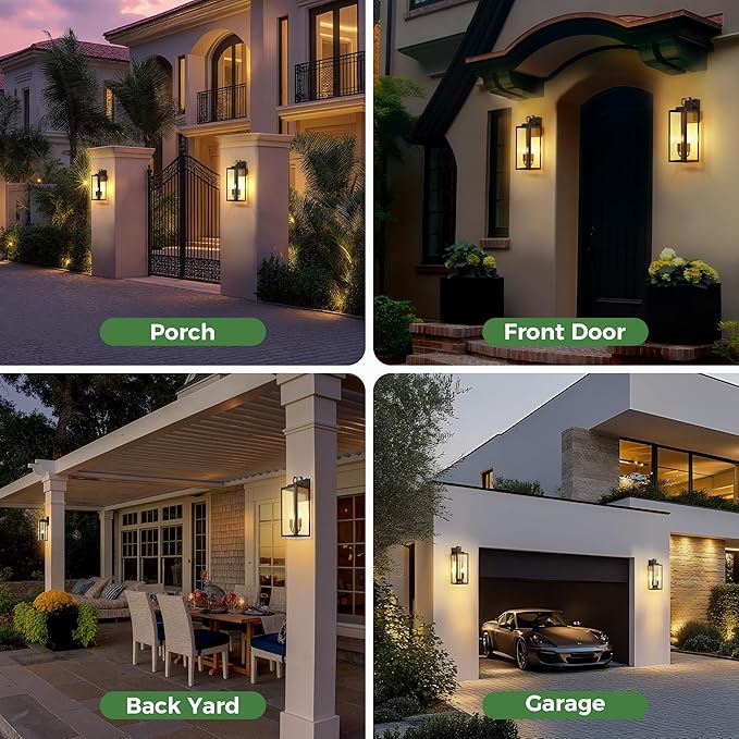 DORESshop 20" Dusk to Dawn Outdoor Wall Lights, 2-Light Black Outdoor Wall Sconce Lantern with Clear Glass, Tall Transitional Exterior Light Fixtures for Porch, Garage, ETL Listed, 2 Pack