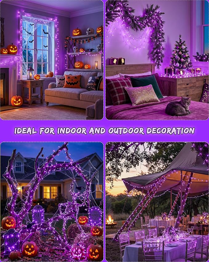 Halloween String Lights Indoor Outdoor,33FT 100 LED Purple Christmas Twinkle Lights,13 Modes Fairy Lights Plug in,Connectable IP65 Waterproof for Xmas Room Tent Patio Tree Party Decor(Purple)