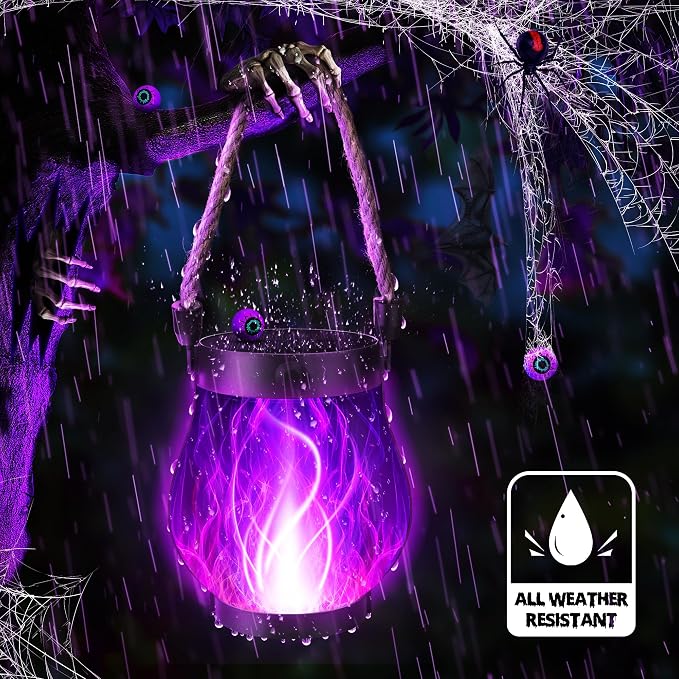 iBaycon 2 Pack Gen2 Solar Lantern Lights USB Halloween Flame Lamp, Purple | Solar Garden Lights with Dual Charging USB & Solar, 2 Modes Outdoor Waterproof Hanging Lantern for Home Halloween Decor