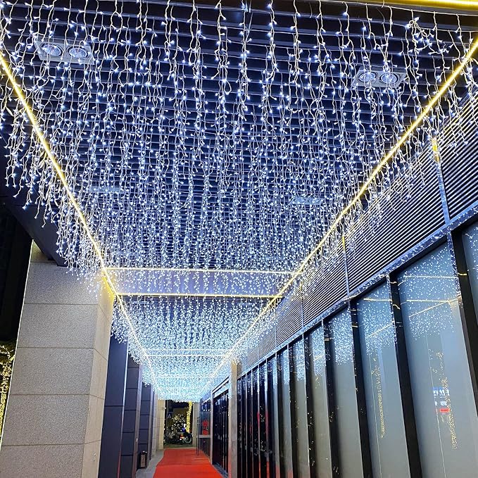 GTSYDING LED Icicle Lights, 16.4FT 216 LEDs 8 Modes Window Curtain Extendable Fairy Christmas Ceiling Dangling Hanging Twinkle Memory Lights for Decorations Outdoor Indoor Cool White, 5M