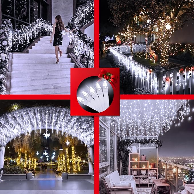 670 LED 66FT Christmas Lights with 148 Drops, 12 Modes Dimmable Cool White Outdoor Hanging Lights with Timer Memory, Waterproof Curtain Lights for Home Bedroom Indoor Tree Window Roof Fence Wedding