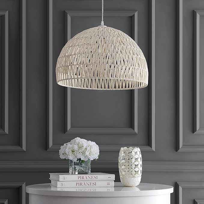 JONATHAN Y 20" Cream Modern Bohemian Woven Rope LED Pendant Light Fixture, Adjustable Dome Ceiling Lamp for Kitchen Island, Rope Shade, Coastal Farmhouse Decor JYL6504A