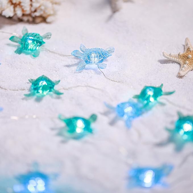 MIYA LIFE Blue Sea Turtle String Lights Battery Powered Summer Beach Decor with Remote Acrylic Sea Turtle Decor for Bathroom Shower Curtain