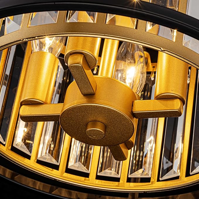 3-Light K9 Crystal Drum Ceiling Lights, Modern Style Semi-Flushmount Light Fixture for Dining Room, Living Room, D12 * H10 inch, Clear Crystal, Gold & Black Finish Frame