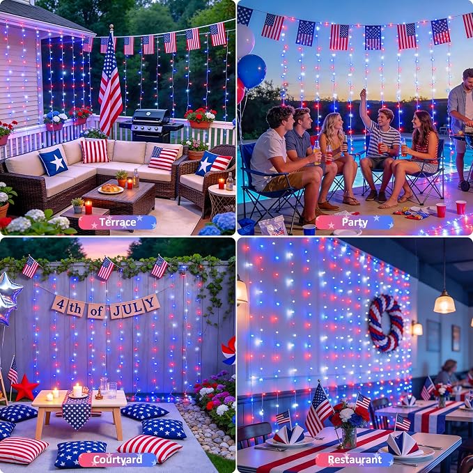 JMEXSUSS 200 LED Red White and Blue Curtain Lights, 6.5ft x 6.5ft 4th of July Lights USB Plug in, 8 Modes Patriotic Hanging Curtain String Lights with Remote for Memorial Day Independence Day Decor