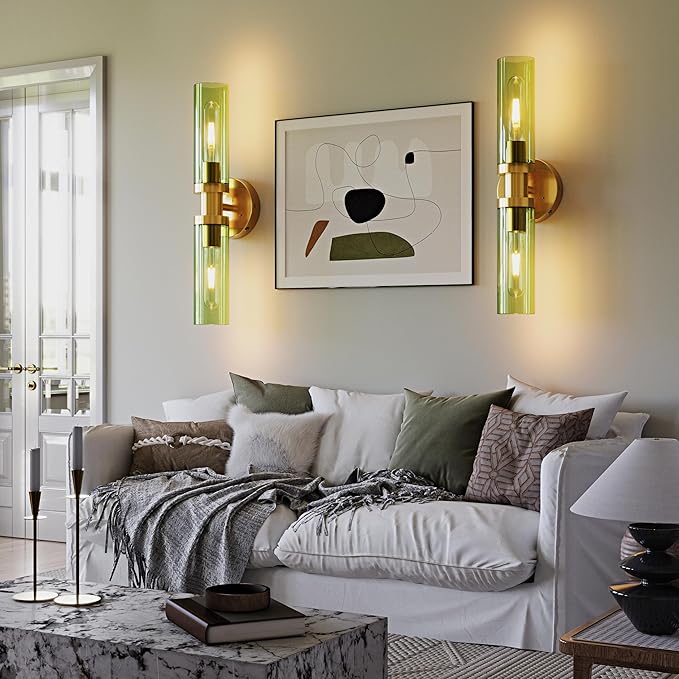 Rayogale Rechargeable Battery Wall Sconce Set of Two, 10000mAh Cordless, Dimmable, Type-C Charging for Living Room, Bedroom Gold with Green Lampshade (Include 4 Special Bulbs)
