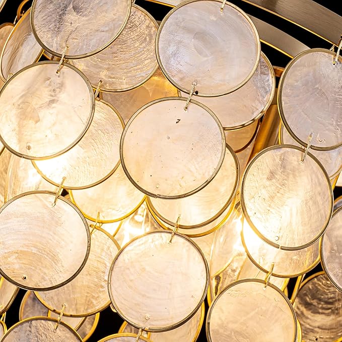 D11 inch Capiz Shell Ceiling Light, 3-Light Coastal Design Semi-Flushmount Light Fixture for Dining Room, Hallway, Bedroom, D11xH13 in, True Capiz Shell & Gold Finish Frame