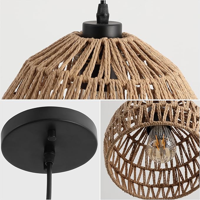 JONATHAN Y 8.25" Brown Modern Bohemian Woven Rope LED Pendant Light Fixture, Adjustable Dome Ceiling Lamp for Kitchen Island, Rope Shade, Coastal Farmhouse Decor (JYL6512E)
