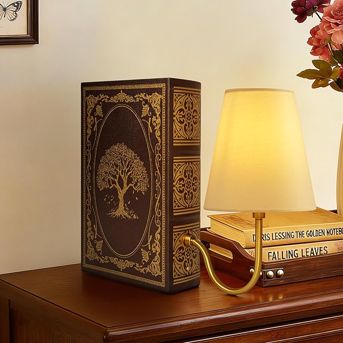 AELS Vintage Bookshelf Lamp with Bulb, Table Lamp with Linen Shade, 3-Color Dimmable Touch Control, Modern Farmhouse, Book Sconce for Office Home Bedroom Bookshelf, Tree of Life Brown & Gold