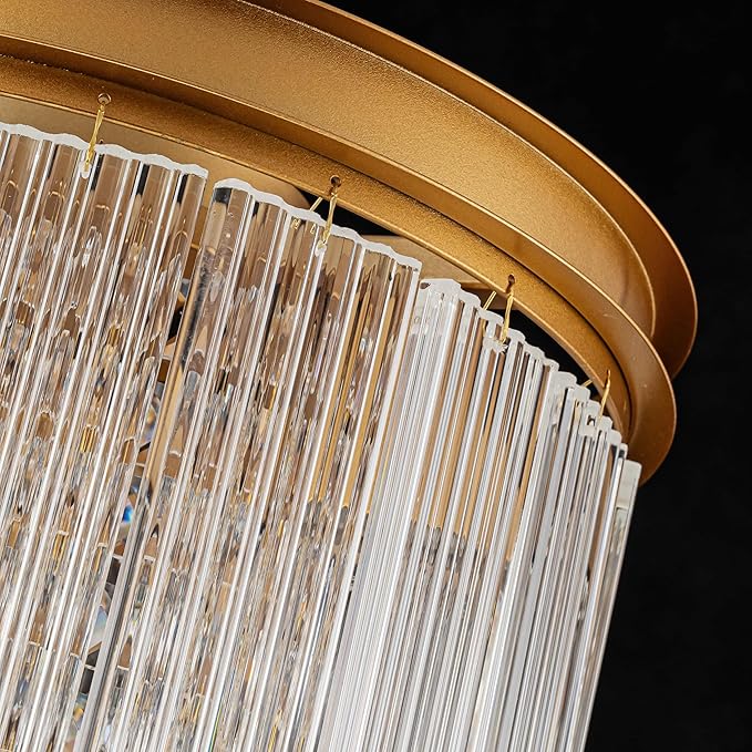 3-Light Drum Ripple Glass Ceiling Lights, Modern Style Flushmount Light Fixture for Kitchen, Bedroom, D12 * H10 inch, Ripple Glass Shade & Brass Finish Canopy