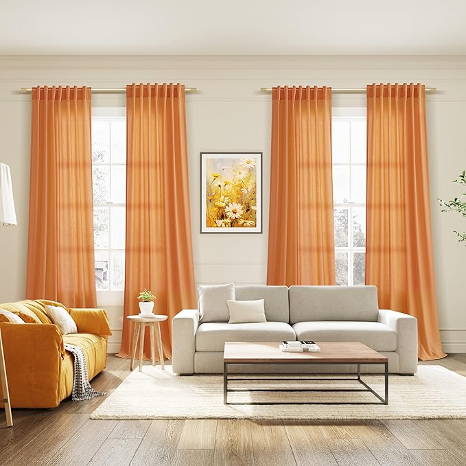 Orange Linen Semi Sheer Curtains 108 Inches Long 2 Panels Set Back Tab Loop Pocket Linen Blend Boho Large Window Curtain Extra Long Light Filtering Drapes High Ceiling Curtains for Living Room 52x108