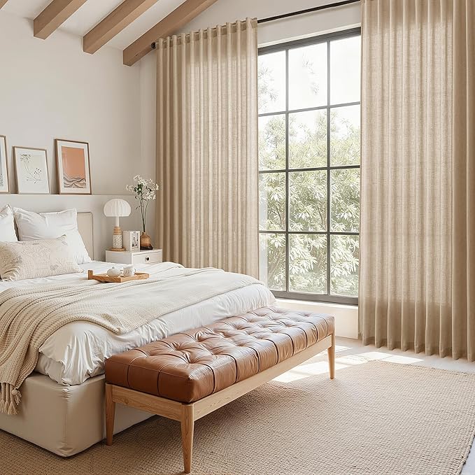 Nanspring Sand Beige Curtains 63 Inch Length for Living Room Flax Linen Semi Sheer Simple Semi Sheer Modern Curtains Back Tab Privacy Light Filtering Curtain for Bedroom Office 52x63, 2 Panels