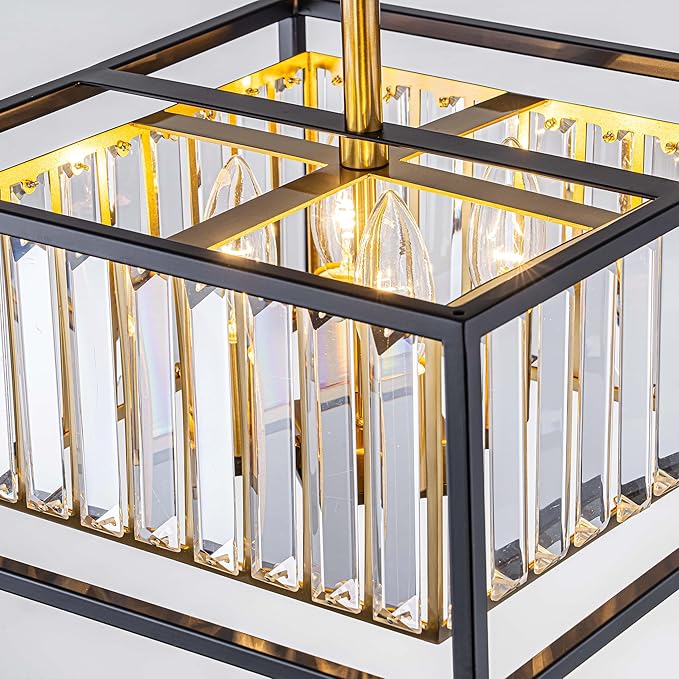 LumFurn 4-Light K9 Crystal Ceiling Light, 2-Tier Square Semi-Flushmount Light Fixture for Living Room, Foyer, Bedroom, L12 x W12 x H7inch, Clear Crystal & Black & Gold Finish
