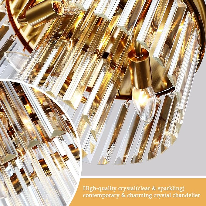 Crystal Flush Mount Ceiling Light Gold Finish 2-Tier Crystal Close to Ceiling Light Fixture for Living Room Bedroom Dinning Room Hallway