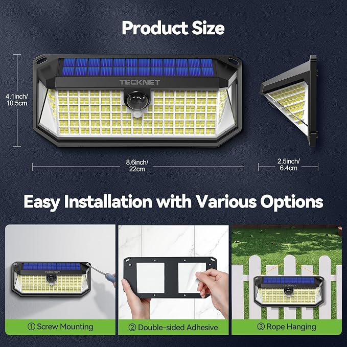 TECKNET 416 LED Solar Powered Outdoor Lights, 300° Angle & 3 Lighting Modes Motion Sensor Light Outdoor, Security Solar Lights Waterproof - 6 Pack