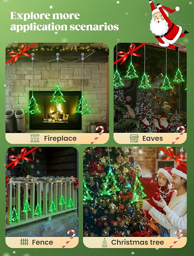 woohaha 30LED Christmas Window Lights,3 Christmas Tree Curtain String Lights USB/Battery Operated,Hanging Xmas Light for Indoor Outdoor Bedroom,Room,Wall,Party,Holiday Decorations(Green)