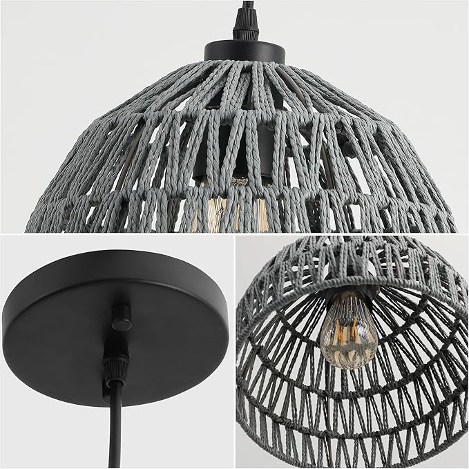 JONATHAN Y 10.25" Gray Modern Bohemian Woven Rope LED Pendant Light Fixture, Adjustable Dome Ceiling Lamp for Kitchen Island, Rope Shade, Coastal Farmhouse Decor (JYL6513D)