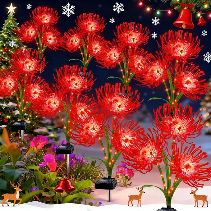 Solar Garden Flower Lights Outdoor, 8 Pack Red Spider Lily with Glowing Stems, Waterproof LED Yard Lawn Pathway Decor, Elegant Patio Garden Decoration, for Mom, Grandma, Women