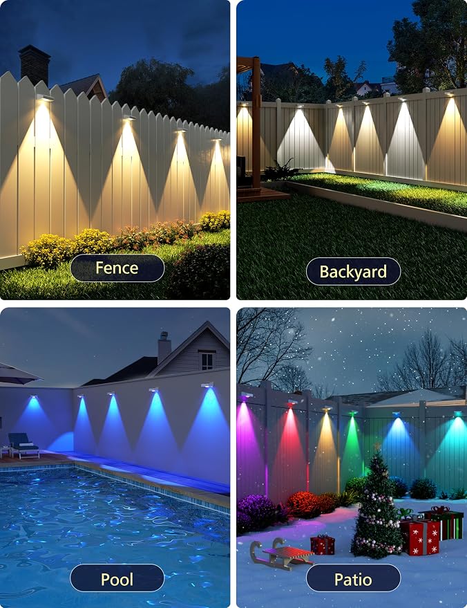 VOLISUN Solar Fence Lights with Remote Control, Fence Lights Solar Powered, IP65 Waterproof LED, RGB Color Changing Solar Light for Fence, Yard, Wall, Backyard (8 Pack,White)
