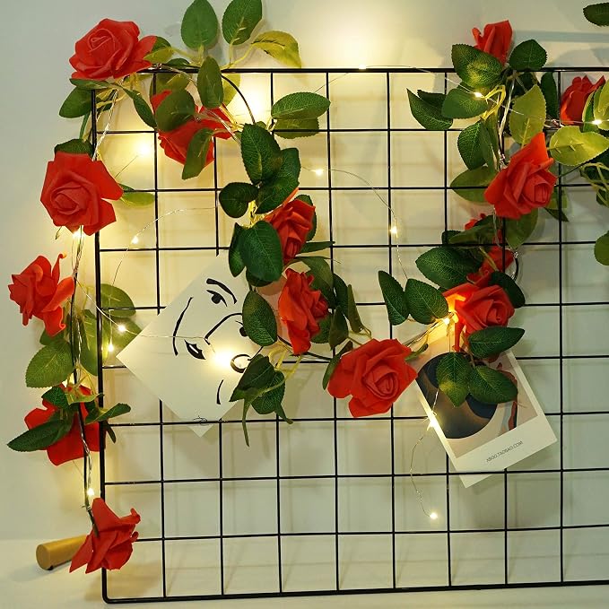 Rose Vine Lights with Remote, Battery or USB Operated Artificial Flower Garland, Hanging Fairy Lights for Bedroom Headboard, Valentine‘s Day, Wedding, Romantic Party Décor (Red, 6.6)