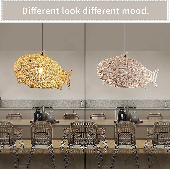 24 inch Fish-Shaped Rattan Woven Pendant Light Boho Chandelier Rustic Farmhouse Chandelier Rattan Light Fixture for Dining Room Living Room Bedroom Kitchen Foyer(Bulb Included)