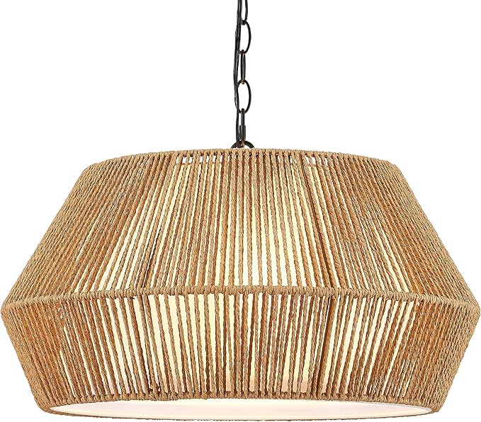 ELYONA 20" Large Rattan Chandelier Light Fixtures, 4-Lights Boho Pendant Light, Adjustable Woven Chandelier for Dining Room with Fabric Shade, Rustic Hanging Light for Kitchen Island,Living Room