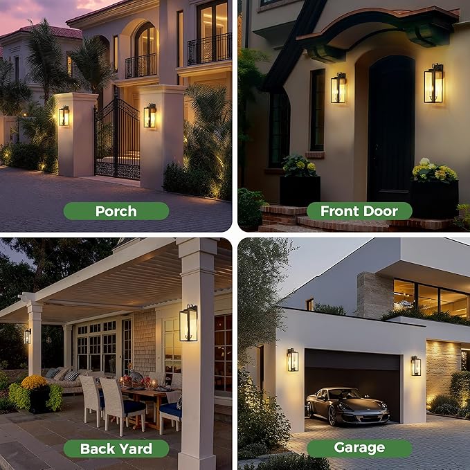DORESshop 18" Dusk to Dawn Outdoor Wall Lights, 2-Light Black & White Outdoor Wall Sconce Lantern with Clear Glass, Tall Transitional Exterior Light Fixtures for Porch, Garage, ETL Listed, 2 Pack