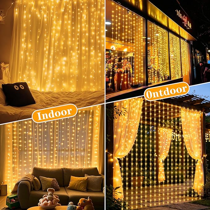 Solar Curtain Lights Outdoor Waterproof, 300LED 9.8x9.8FT Fairy String Lights with USB-C & Solar Charging, Remote Timer Twinkle Waterfall Lights for Patio Garden Wedding Decor (Warm)