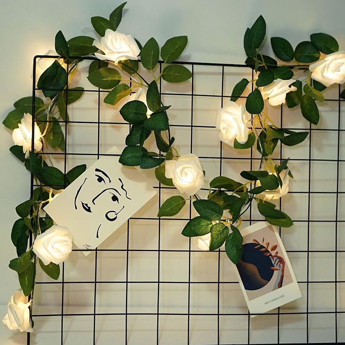 Rose Vine Lights with Remote, Battery or USB Operated Artificial Flower Garland, Hanging Fairy Lights for Bedroom Headboard, Valentine‘s Day, Wedding, Romantic Party Décor (White, 3.3)