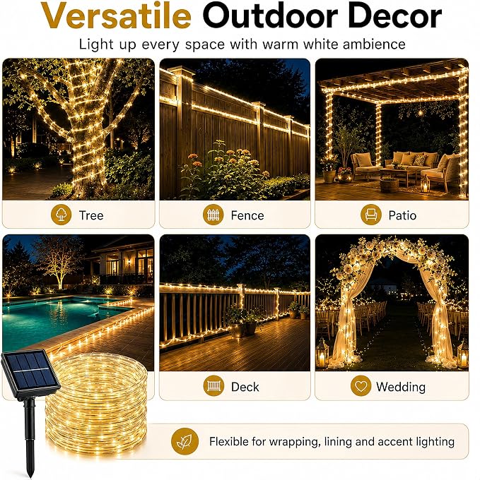 LairtPOW Solar Rope Lights Outdoor Waterproof, 39FT Warm White Solar Powered Rope Lights for Outside,Flexible 100 LED Tube Lights for Trees, Garden, Patio, Fence, Pathway, Yard and Holiday Decorations