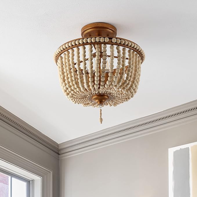 JONATHAN Y 14" Antique Gold/Light Taupe Wood Beaded LED Semi Flush Mount Light, Boho Farmhouse 3-Light Ceiling Chandelier with Cream Wood Bead Shade for Nursery, Bedroom (JYL9020C)