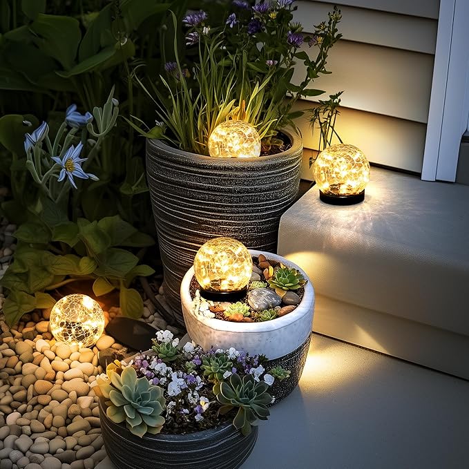Solar Lights Outdoor for Yard Patio Porch, Garden Decor Birthday Gifts for Mom Women, Solar Globe Lights Waterproof Cracked Glass Ball Outdoor Decorations Balcony Backyard (4 Pack Warm White)