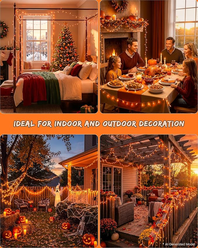 Halloween String Lights Indoor Outdoor,33FT 100 LED Orange Thanksgiving Twinkle Lights,13 Modes Fairy Lights Plug in,Connectable IP65 Waterproof for Xmas Tent Patio Tree Party Decor(Orange)
