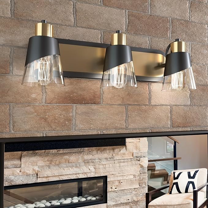 URSOLA Bathroom Vanity Light, 3 Lights Bathroom Light Fixtures, 19.7 inch Bathroom Light Fixtures Over Mirror Black and Gold, with Bevelled Edge and Clear Glass Shade Wall Lamp