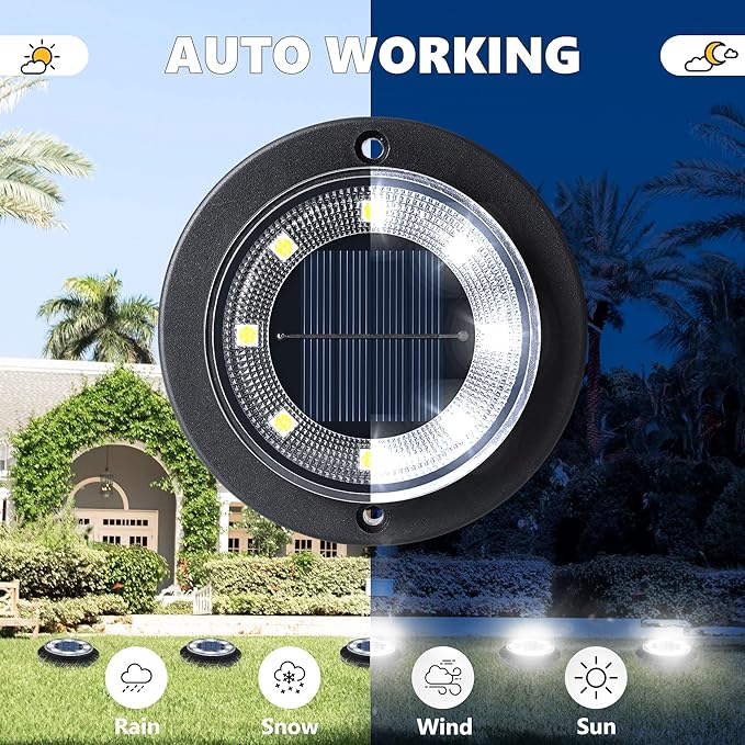 Flacchi Solar Lights Outdoor Waterproof - 2-in-1 Solar Powered Ground Lights Outdoor Solar Disk Light Landscape Light for Deck Step Patio Yard Pathway Walkway Driveway Garden (Cool White, 12 Pack)