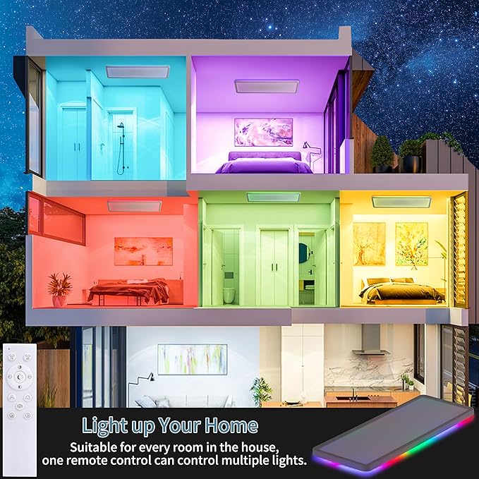 23 Inch RGB LED Flush Mount Ceiling Light with Remote, Close to Ceiling Light Fixture, 32W+7W Backlight, 3200LM Dimmable Color Changing Low Profile Rectangle, White, for Bedroom Kids Room Party
