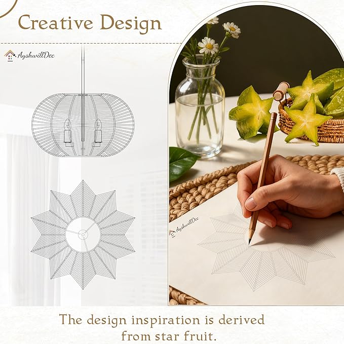 17.7 Inch Rattan Pendant Light Hemp Rope Rattan Light Fixture Woven Pendant Wicker Chandelier 3-Light Boho Chandelier for Bedroom