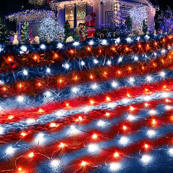 Pooqla Christmas Net Lights, 300LED Outdoor Net Mesh Lights, 14.8x4.9 ft Fairy String Lights 8 Modes Green Wire, Connectable Waterproof Decorative for Bushes Tree Garden Christmas, Red and White